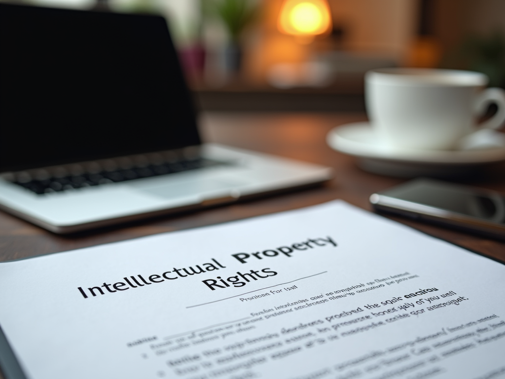 На документе "Intellectual Property Rights", лежащем на столе, рядом ноутбук, чашка кофе и смартфон.