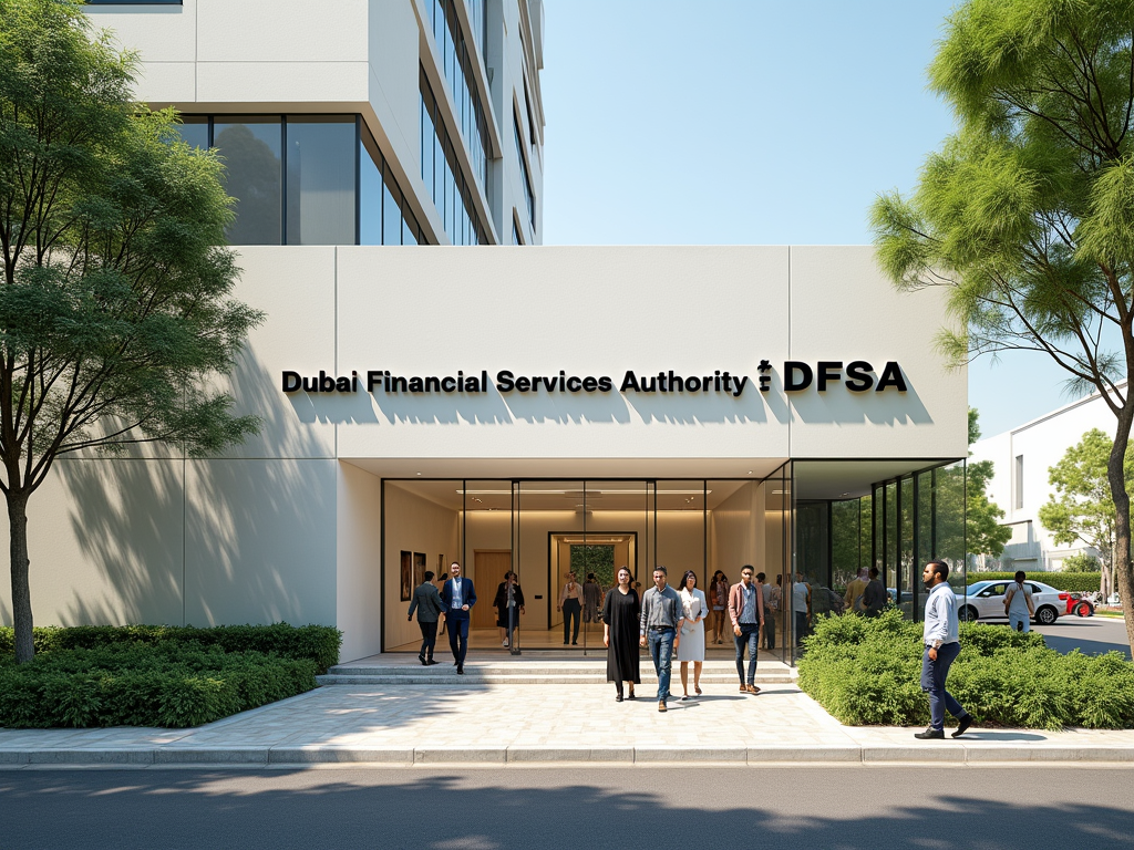 Вход в здание Dubai Financial Services Authority, люди идут и стоят у входа.